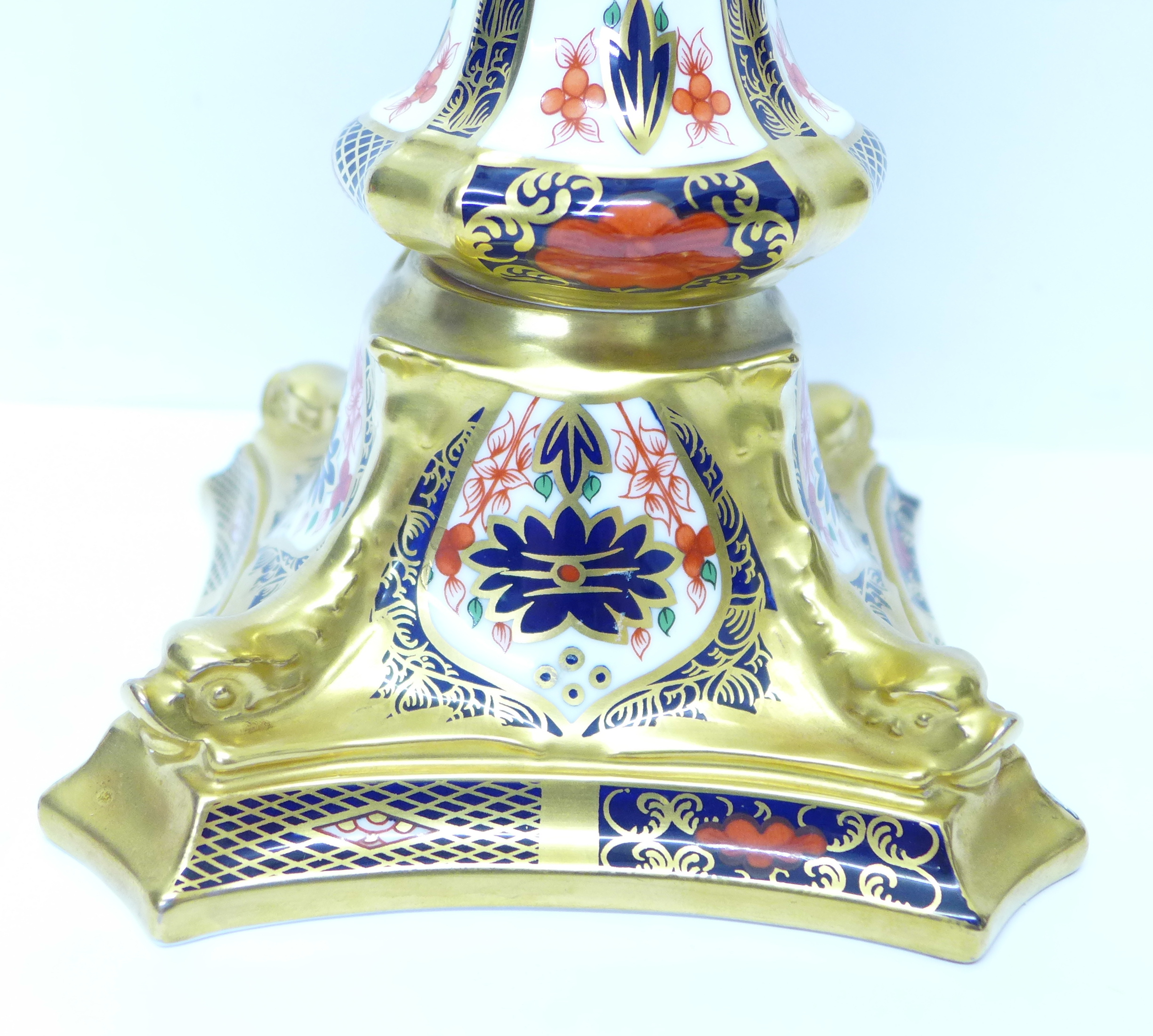 A Royal Crown Derby Old Imari pattern candlestick, 29cm, boxed - Image 5 of 6