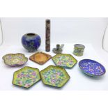 Three cloisonne hexagonal dishes, two other cloisonne dishes, a jar, napkin ring and ashtray, etc.
