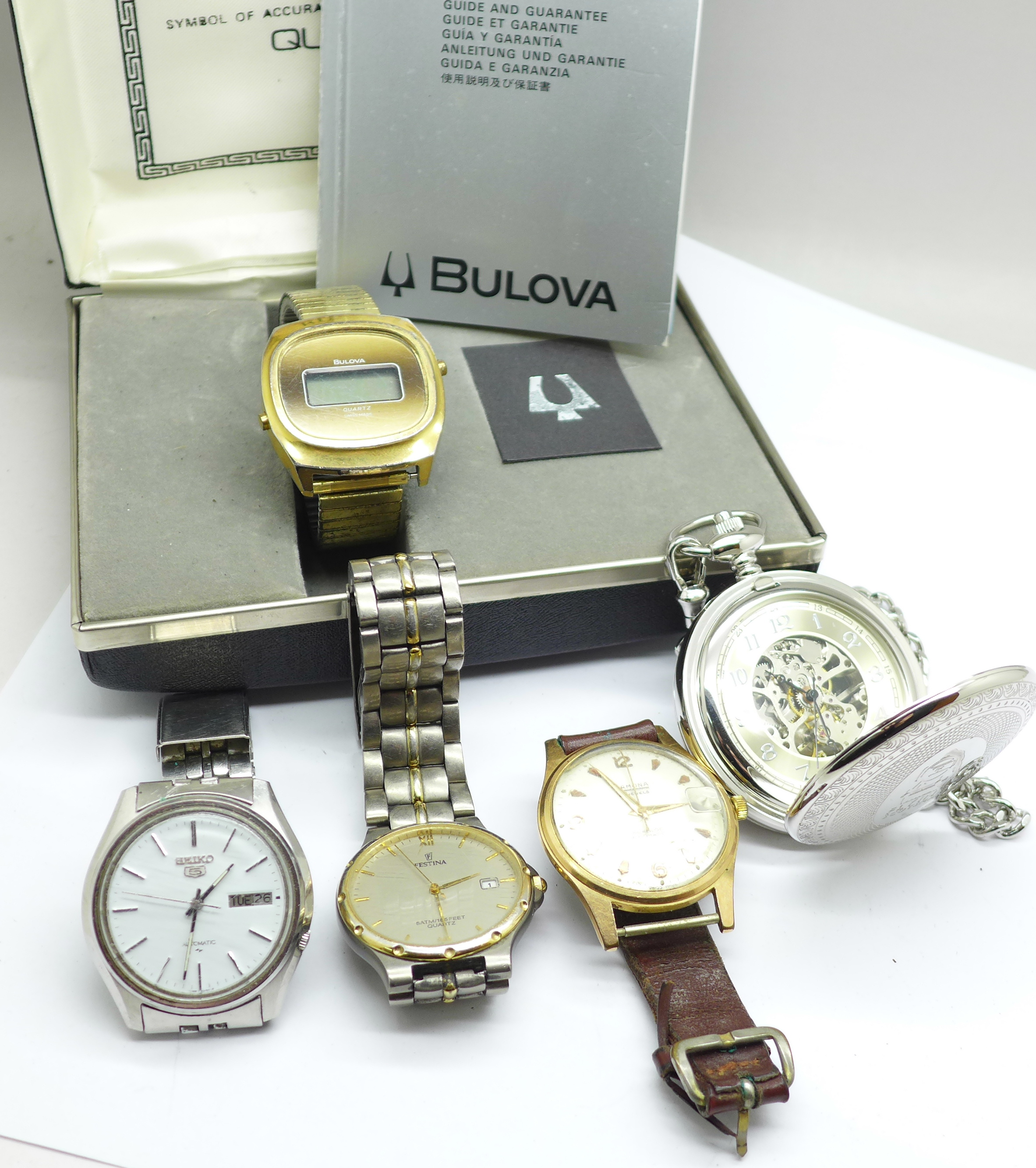 Four wristwatches and a pocket watch, Bulova LCD, Seiko 5, Festina, etc.