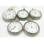 Five silver fob watches, a/f