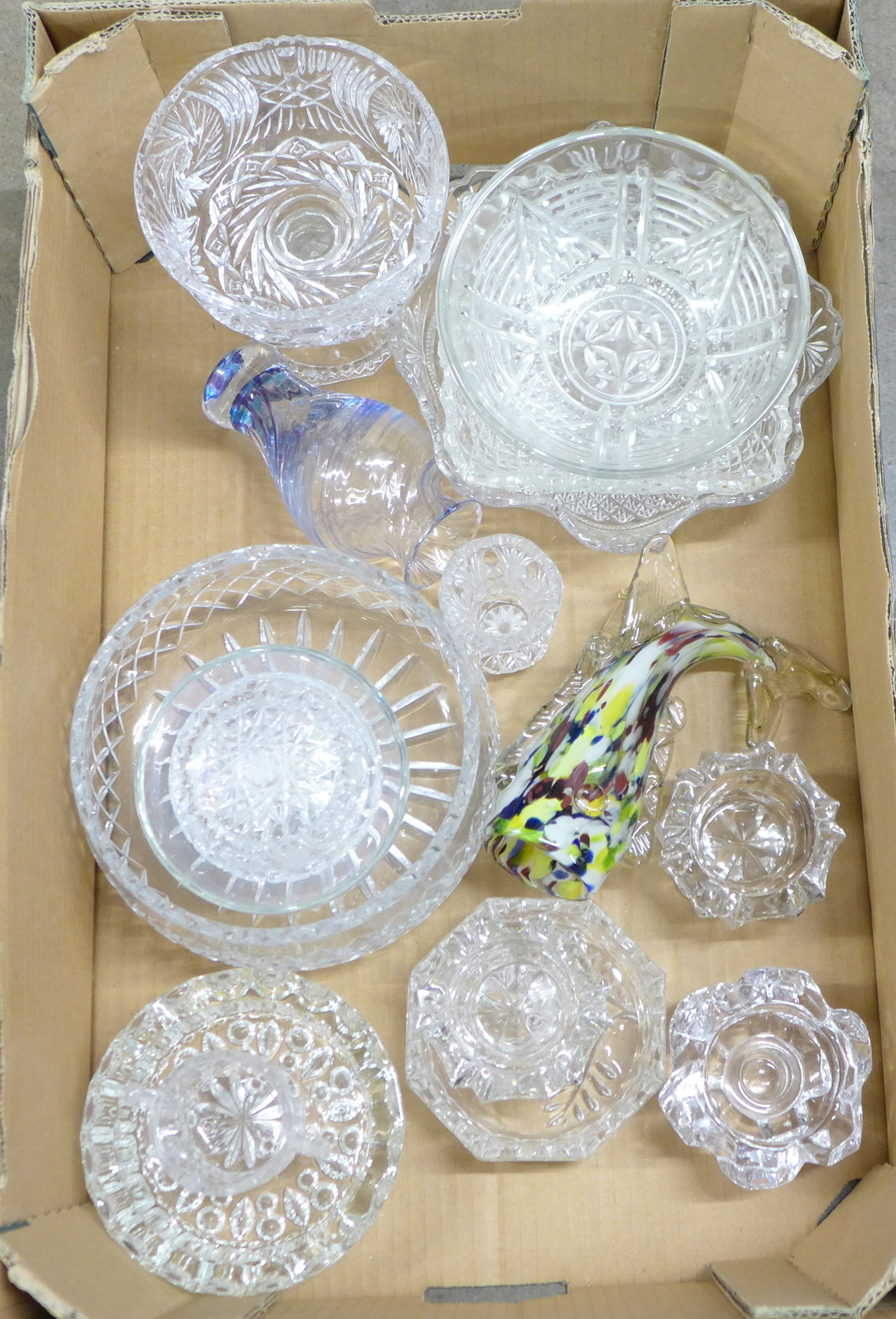 A box of assorted cut glass and lead crystal including bowls and salts