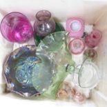 Two carnival glass bowls, a glass tazza, six vases, paperweights, etc.