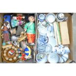 Two boxes of Chinese teawares, chop sticks, tourist items, figures, etc.