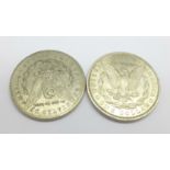 Two silver Morgan U.S. dollar coins,1896 and 1878