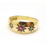 An 18ct gold, ruby and diamond gypsy ring, Chester 1924, 3.7g, P