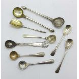 Nine silver and white metal salt spoons