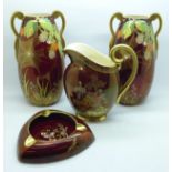 A pair of Carlton Ware Rouge Royale vases decorated with spider webs, a jug and ashtray