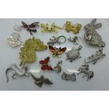 Seventeen brooches, animals and butterflies