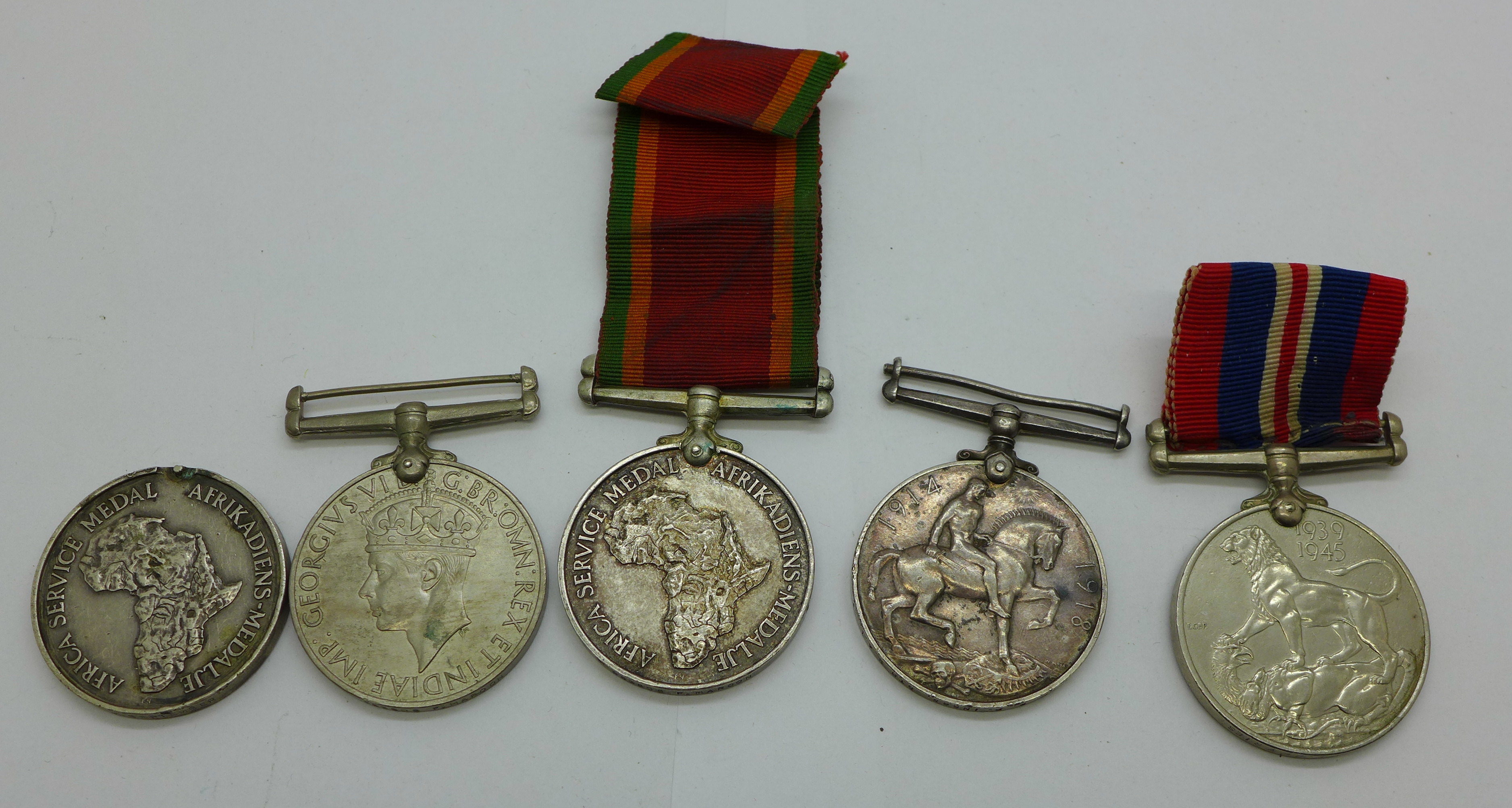 Four WWII medals and a WWI British War medal to Pte. D.P. Inggs 5th S.A.I., a/f
