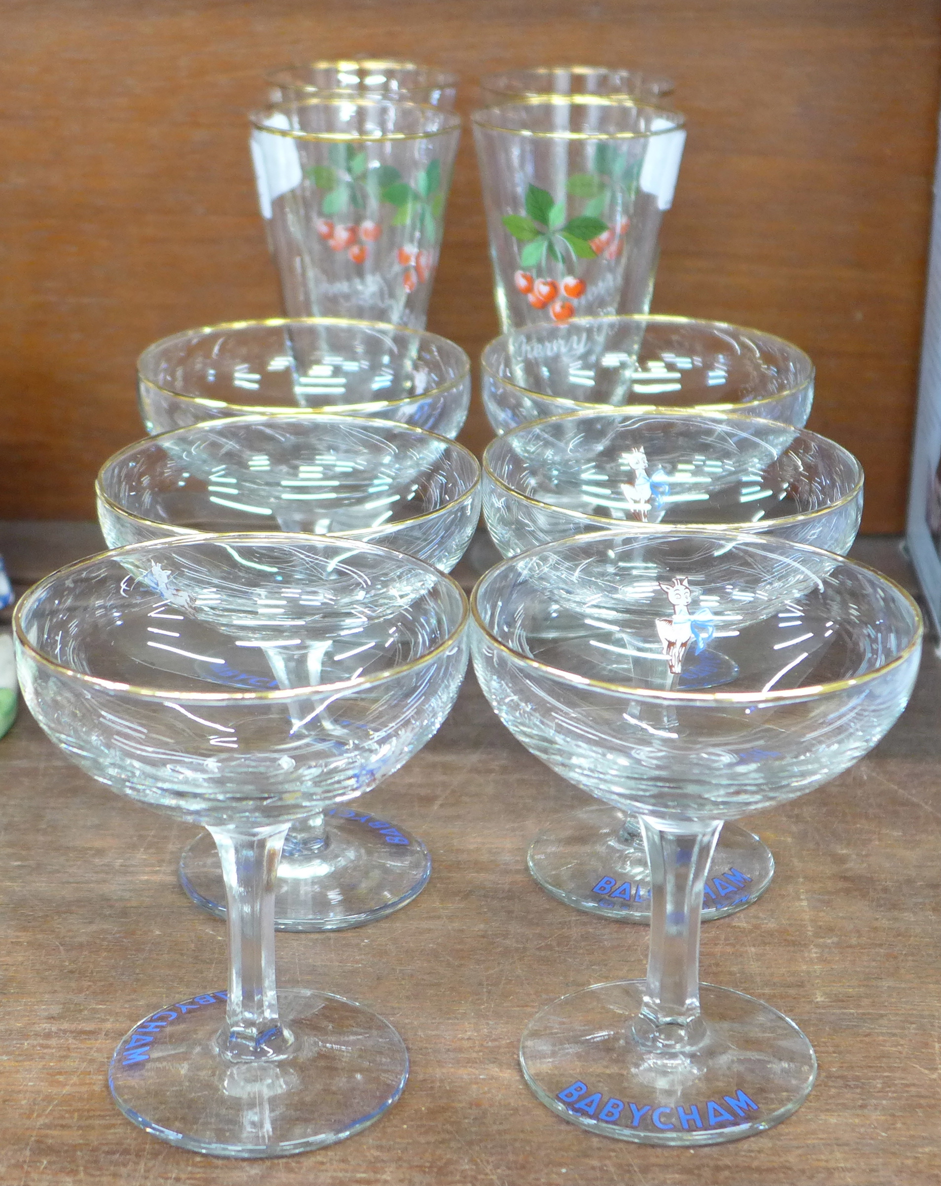 Six Babycham glasses and four Cherry 'B' glasses