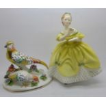 A Crown Staffordshire figure of a Golden Pheasant, a/f, and a Royal Doulton figure, The Last
