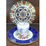 A Royal Crown Derby Imari cake plate, a Coalport plate and a Crown Devon lidded jar