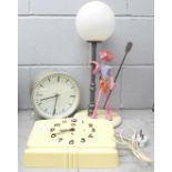 A SMI French plastic clock, a GPO clock and a Pink Panther table lamp