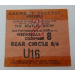 The Beatles rare original ticket for Beatles Show at Gaumont, Sheffield, December 8th