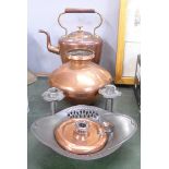 An Art Nouveau pewter bowl and a pair of candlesticks, a hammered copper spittoon, copper kettle,