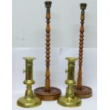 A pair of 19th Century brass candlesticks and a pair of tall bobbin turned candlesticks