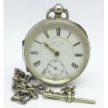 A silver cased pocket watch, Harris Stone, Leeds, with silver Albert chain, (metal T-bar)