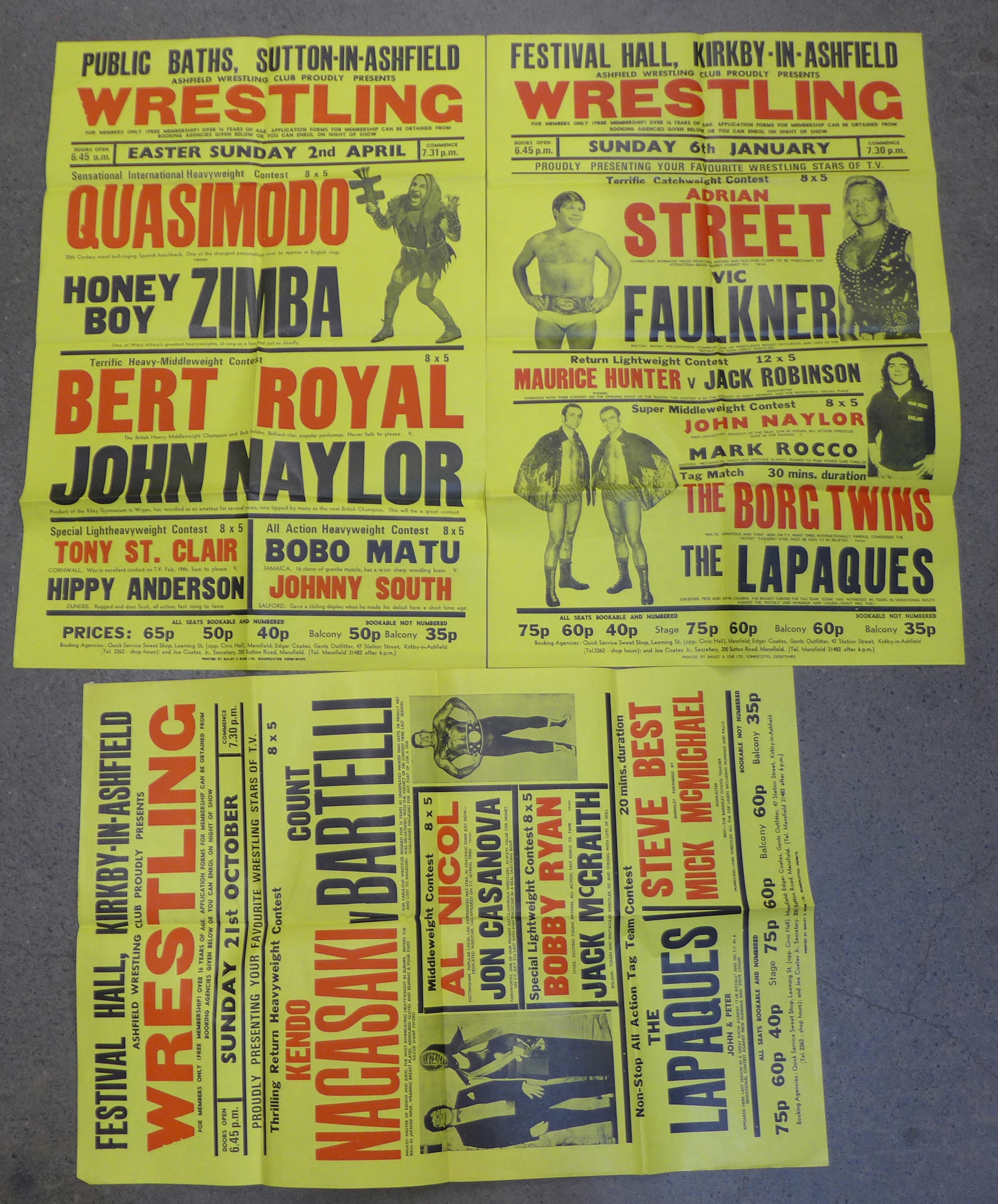 Wrestling posters, Festival Hall, Kirkby, 1970's; Kendo Nagasaki, Count Bartelli, Honey Boy Zimba,