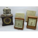 Two Smiths travel clocks, boxed, one other clock and an alarm clock