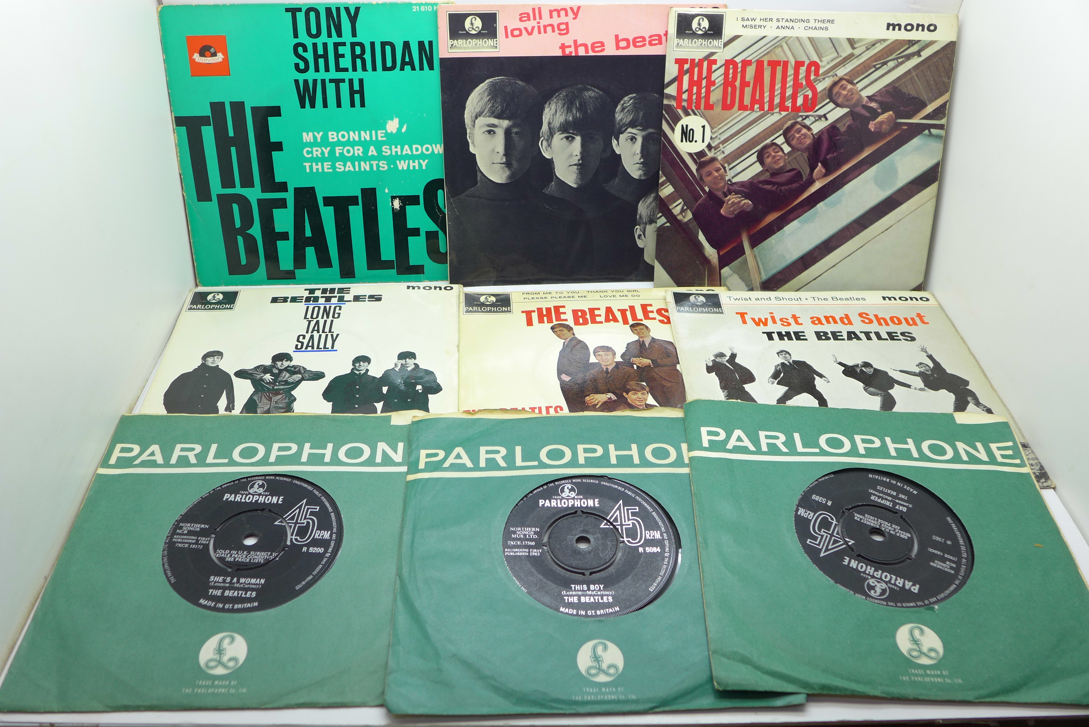 A collection of sixteen 45rpm 7" singles, mainly Beatles including one German made import