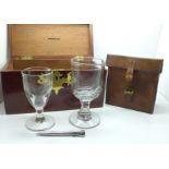 A mahogany collection box, a plated pencil and four early 19th Century drinking glasses, (two in a