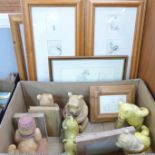 Winnie the Pooh collectables, two bookends, wooden and ceramic figures and framed pictures