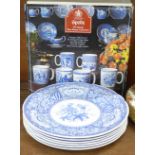 The Spode Blue Room Collection, six mugs, boxed, and six dinner plates