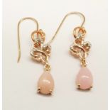 A pair of silver gilt, pink opal earrings with diamond accents