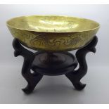 A Chinese brass bowl on a stand