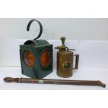 A brass pneumatic garden sprayer, a brass pump and a signal lamp