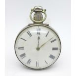 A silver verge pocket watch, London 1830, (dial chipped), no outer case