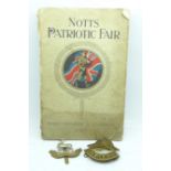 One volume, Notts Patriotic Fair, 1917, and two 1st Battalion Warwickshire regimental badges