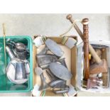 Three boxes of wooden items and metalwares including three shoe lasts, cribbage board, shoe trees,