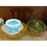 Seven items of coloured glass including Art Deco, an opalescent bowl, unsigned, and a blue