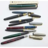 Two Sheaffer fountain pens with 14k nibs, (one lacking cap), a boxed Parker pen, five other pens and