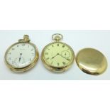 Two gold plated pocket watches, Elgin hinge a/f, back loose and with inscription