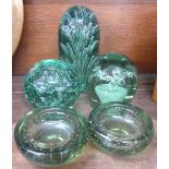 Three Victorian glass dumps and two glass ashtrays