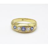 An 18ct gold Ceylonese sapphire and diamond five stone ring, 4.2g, P