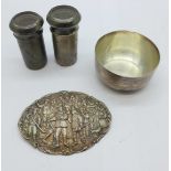 Two white metal and glass screw topped containers, a small bowl and a Dutch brooch, all test as