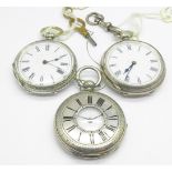 Three silver fob watches