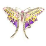 A silver plique a jour butterfly brooch/pendant set with rubies and marcasite