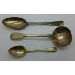 Two silver spoons and a ladle, one by Thomas and William Chawner, London 1764, 122g