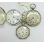 Three silver fob watches