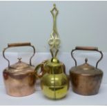 Two copper kettles, a brass chestnut roaster and a brass jug