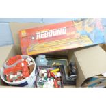 Toys and games including Ideal rebound, Lego, George, battery operated robot, table skittles, die-