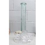 A tall glass lidded jar, 63cm and other cut glass