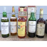 Five bottles of whisky; Laphroaig, Macallan, White Horse and others