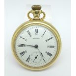 A Waltham gold plated pocket watch with screw back, case dented