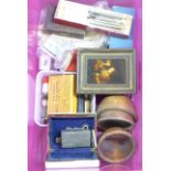 Assorted items, cased cutlery, wooden bowls, pair of lady's gloves, travel iron, shaving