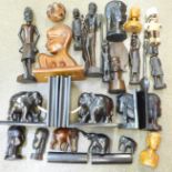 Two pairs of ebony bookends, one with elephants, the other with African heads, other carved